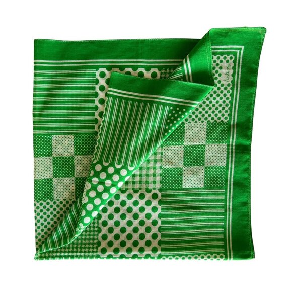 Vintage ECHO Cotton Scarf Green Bandana Patchwork Stripes Polka Dot 26 x 26 - Picture 6 of 8